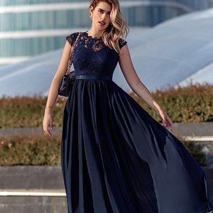 Miusol Women's Navy Blue Formal Floral Lace Evening Party Maxi Dress Medium 6-8